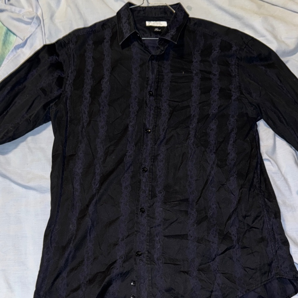 Versace Black Button-Up Shirt dark violet pattern
